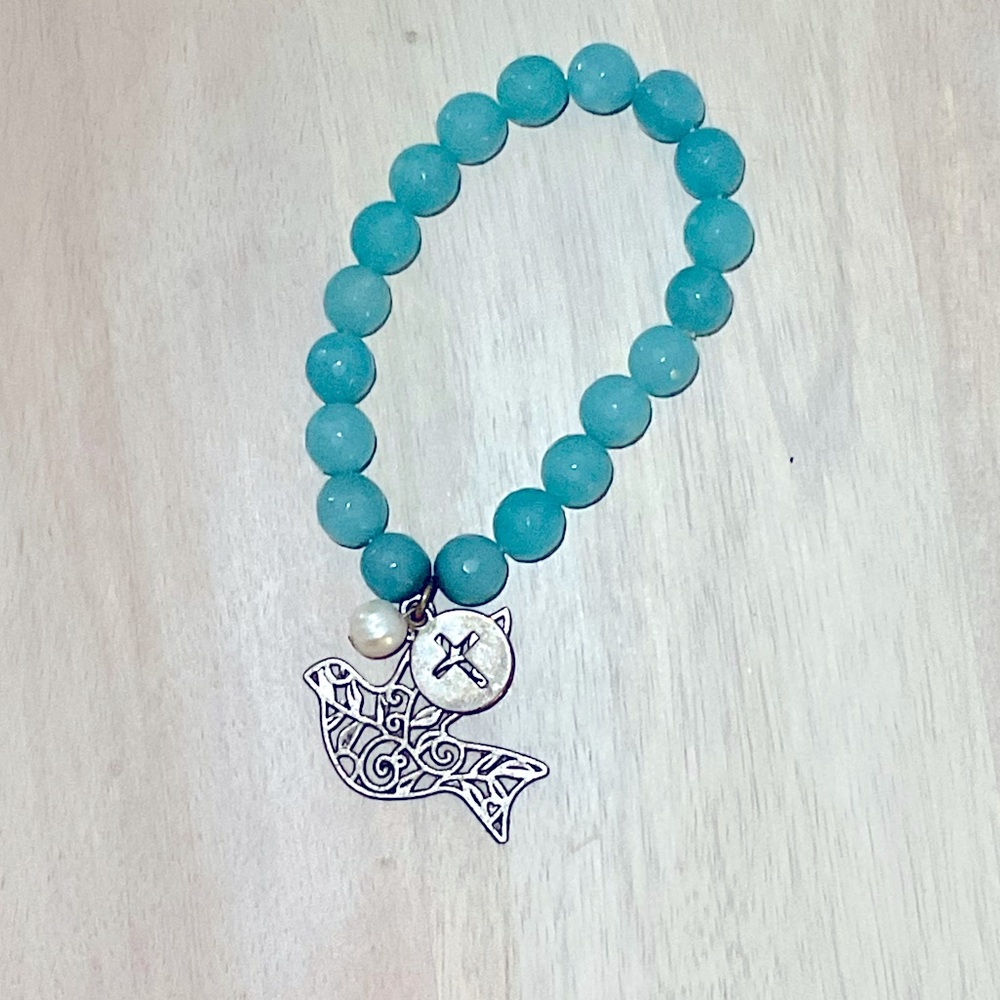 Beaded Blue Jasper Stone Bracelet w/ Silver Bird, Cross, and Pearl Charms